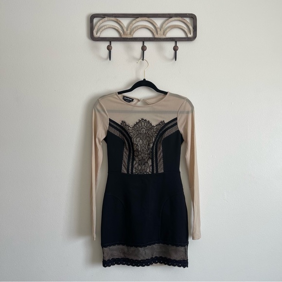 Bebe mini dress black lace nude sheer long sleeves women’s size small - Picture 6 of 14